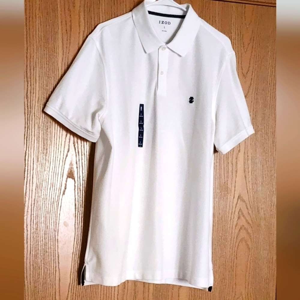 Izod Men's Collared White Pullover Short Sleeve Shirt With Logo NEW Sz L